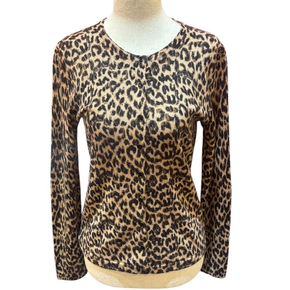 Women’s PM Petite Medium Lord & Taylor Leopard Extra Fine Merino Wool Cardigan